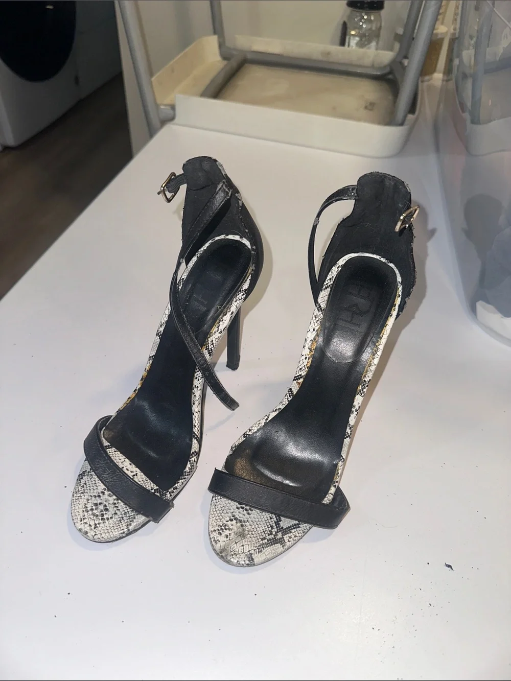 Black & Snake-Print Ankle Strap Stiletto Sandals - Women